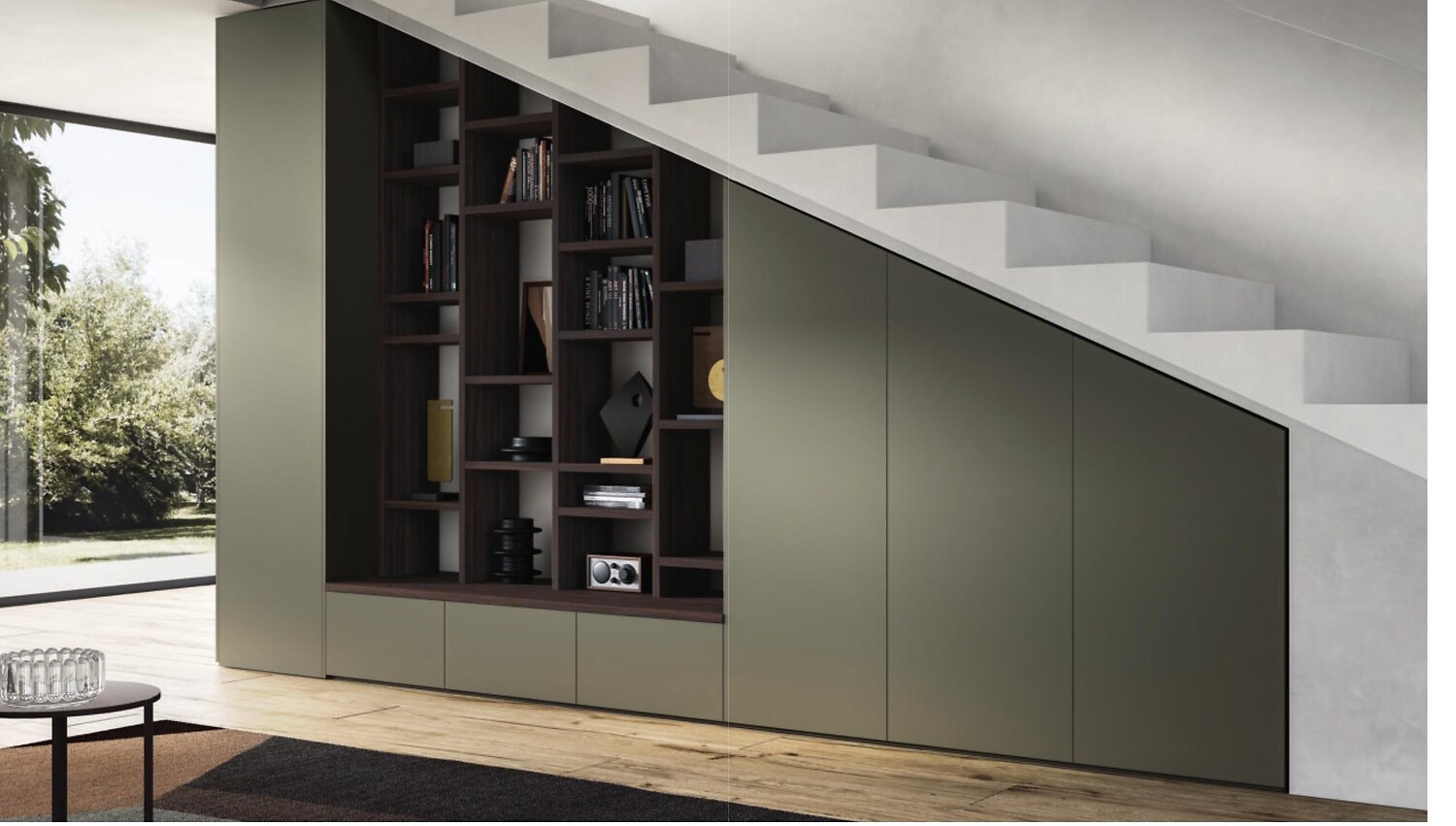Bibliothèque et rangements sous escalier